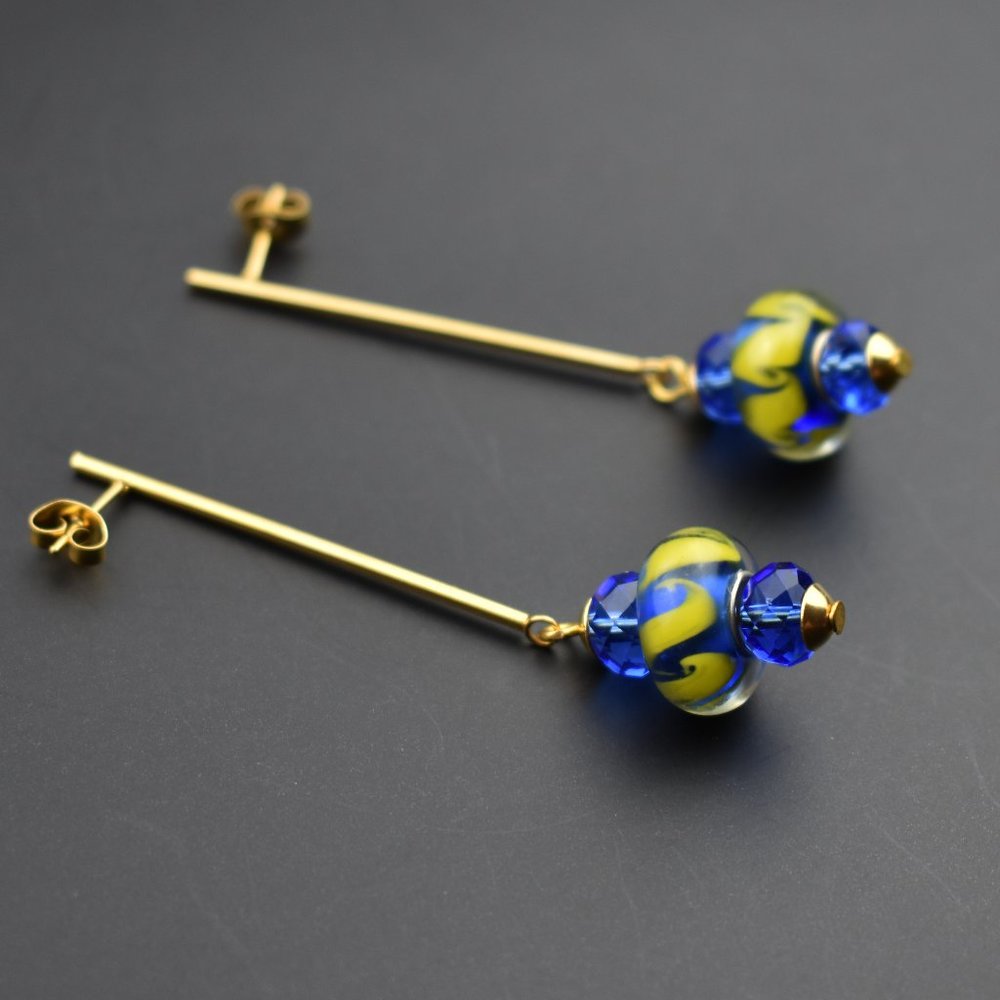 Large colorful earrings dangle, blue & yellow unmatched earrings